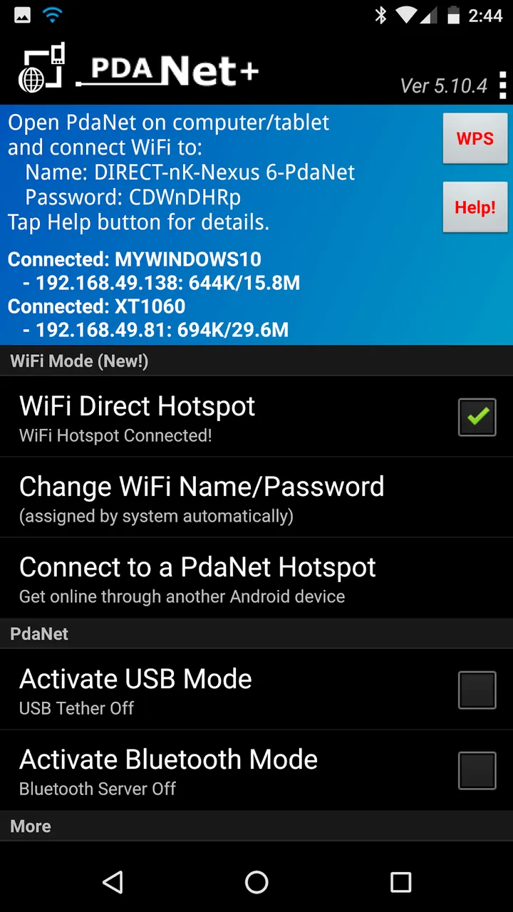 Capture d'écran de l'application PdaNet+ 2