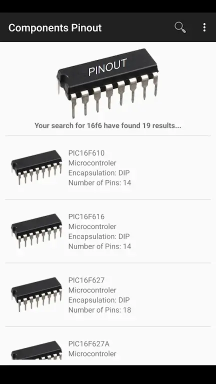Capture d'écran de l'application Electronic Component Pinouts 3