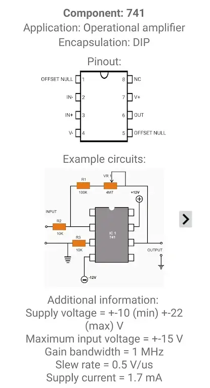 Capture d'écran de l'application Electronic Component Pinouts 7