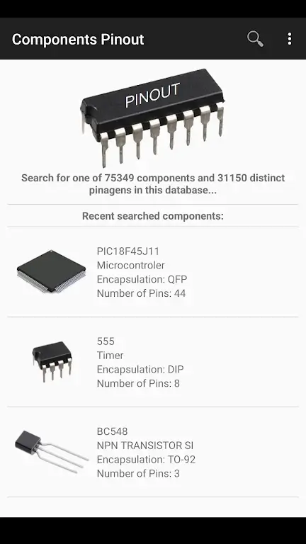 Capture d'écran de l'application Electronic Component Pinouts 2