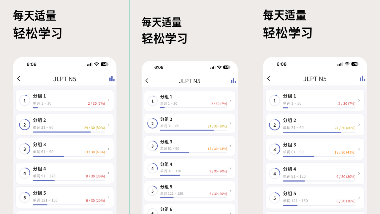 Aperçu de l'interface JLPT Vocab Master 1