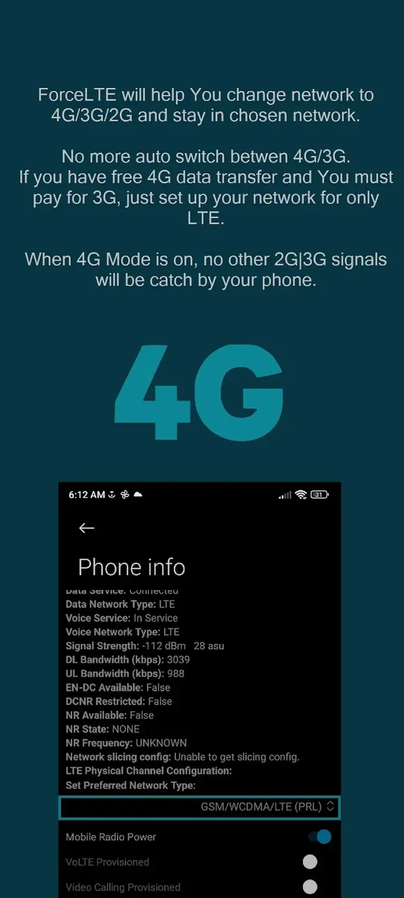 Force LTE Only (4G/5G) aperçu de l'application 5