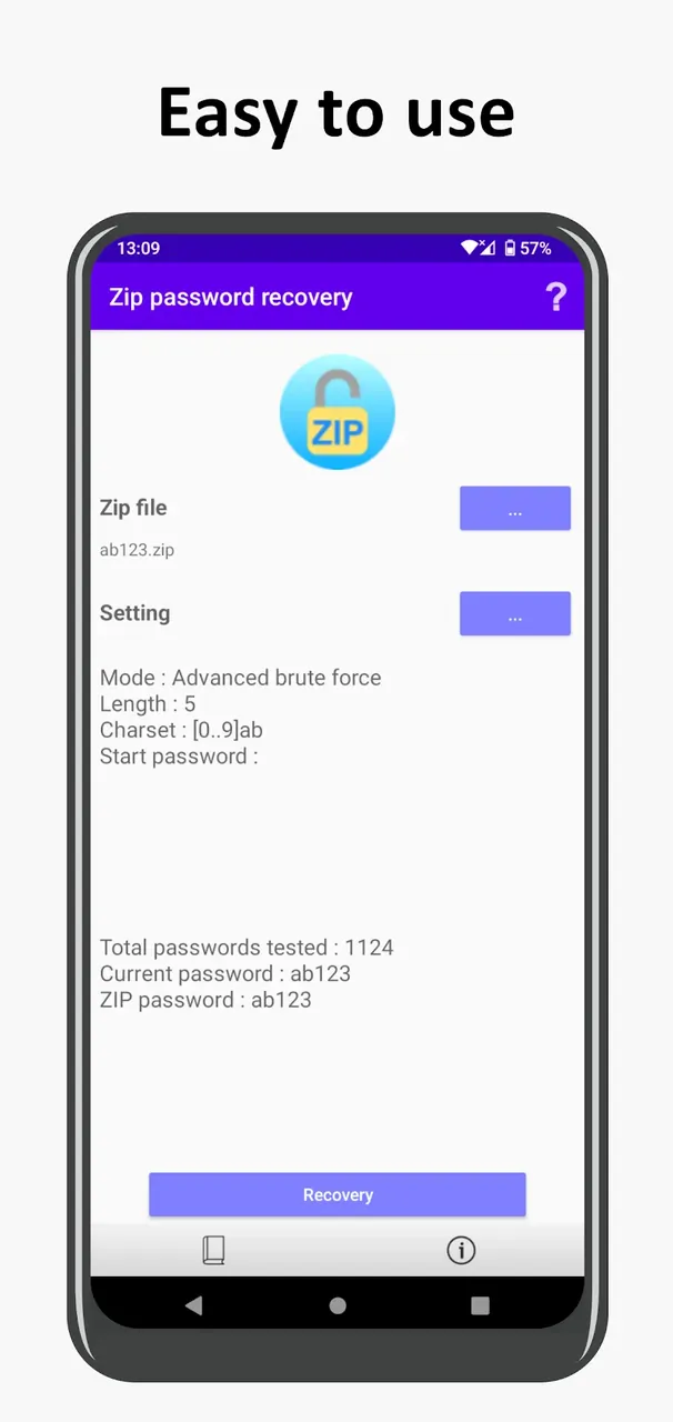 Capture d'écran de l'application ZIP Password Recovery 2