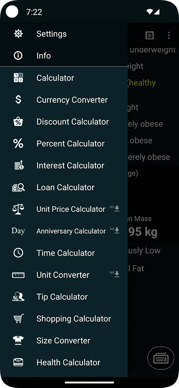 Aperçu de l'application Health Calculator 5