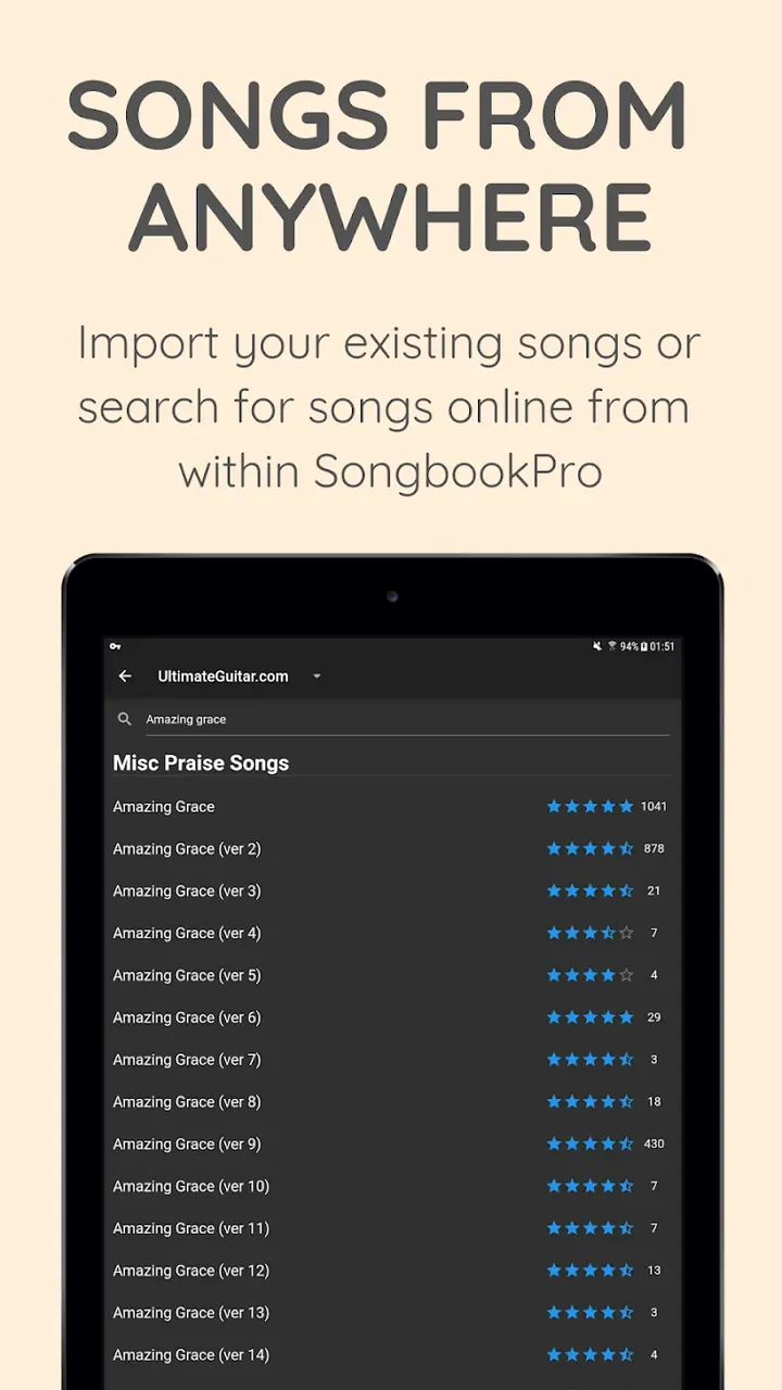 Capture d'écran de l'application SongbookPro 6